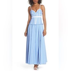 FAME AND PARTNERS MORROW STRIPE CORSET GOWN IN PALE BLUE/ WHITE STRIPE M70